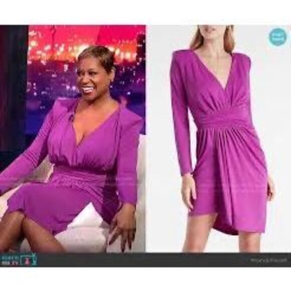 Express Dresses & Skirts - Express L Draped V-Neck Strong Shoulder Mini Dress Magenta Purple Asymmetrical